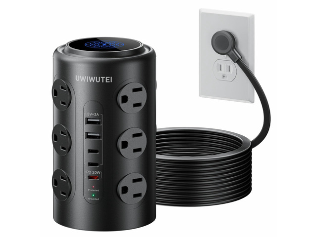 10FT Tower Power Strip with Dedicated 20W PD USB-C Port 12 WidelySpaced AC Outlets & 5 USB Ports, Flat Plug, Extension Cord, Desk Charging Station...