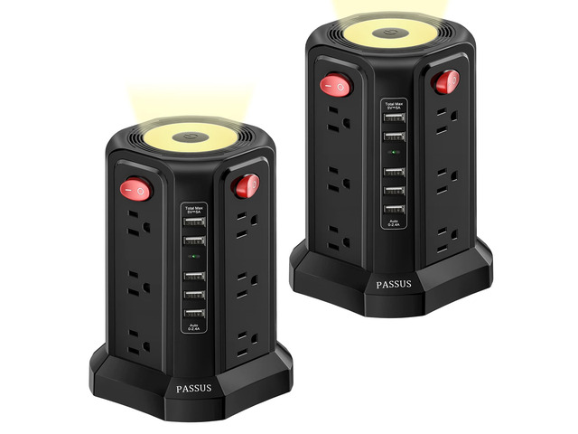 Surge Protector Power Strip Tower with 5 USB Ports and Night Light, 10FT Extension Cord with 12 AC Multiple Outlets, Power Tower, Overload...