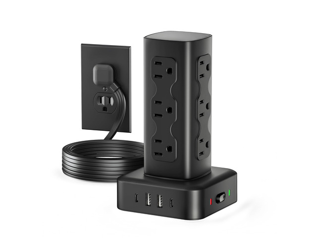 Power Strip Tower with 12 AC Outlets & 4 USB Ports(2 USB C), 6FT Cord 16-in-1 Flat Plug Charging Station Tower, 6FT Extension Cord for Home Office...