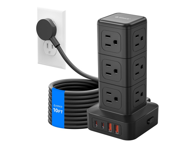 10FT Extension Cord with 12 AC Outlets 4 USB, Surge Protetctor Power Power Strip Tower, Outlet Extender, 20W Fast Charge Desk Accessories for Home...
