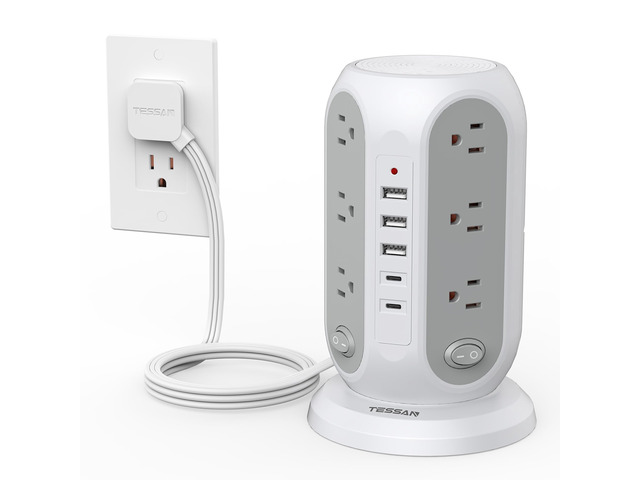 Tower Power Strip Surge Protector, Flat Extension Cord 6 Ft, Grey Individual Switches with 12 Outlets, 5 USB Ports(2 USB C), Flat Plug, Charging...