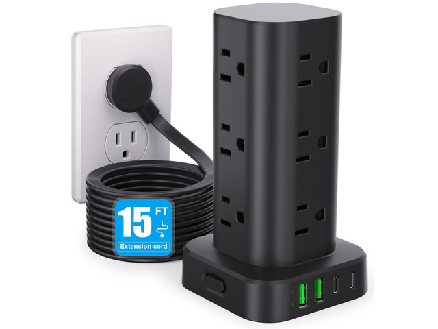 15FT Power Strip Tower Surge Protector, 12 Wide Spaced Outlets, 4 USB 16-in-1 Desktop Charging Station with 2USB-C,2USB-A, Flat Plug, 15FT Cord,...