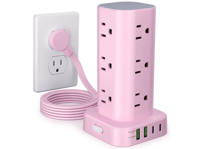 6FT Power Strip Tower Surge Protector, 12 Wide Spaced Outlets, 4 USB 16-in-1 Desktop Charging Station with 2USB-C,2USB-A, Flat Plug, 6FT Cord,...