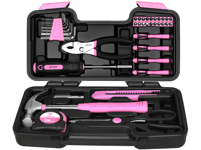 39-Piece Pink Household Tool Kit for Women, Basic Hand Tool Set with Plastic Toolbox Storage Case, Small Starter Tool Box Set for Home Repairs, DIY...