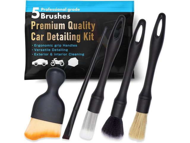 Yours Car Detailing Brush Kit, Interior & Exterior Car Cleaning Brush Set, Auto Detailing Tools for Interior Cleaner, 5 Pack, Black