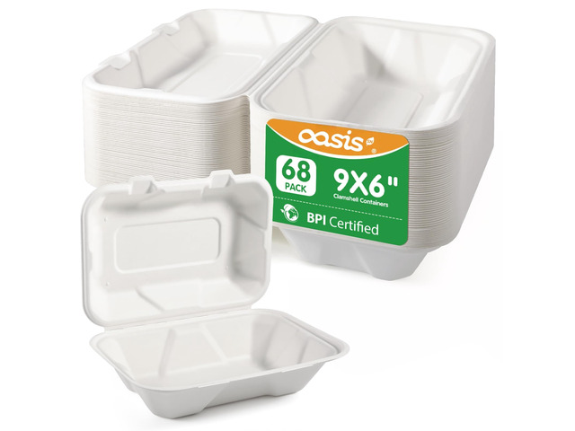 9x6x3 Inch 68 Pack Clamshell Take Out Food Containers, Compostable Disposable Paper To Go Boxes with Lids, Heavy Duty Sugarcane Bagasse Lunch Boxes...