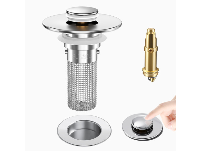 Bathroom Sink Drain Strainer, Pop-Up Bathroom Sink Stopper with Removable Stainless Steel Hair Catcher Basket, Universal Fit for US Bathroom Sinks,...