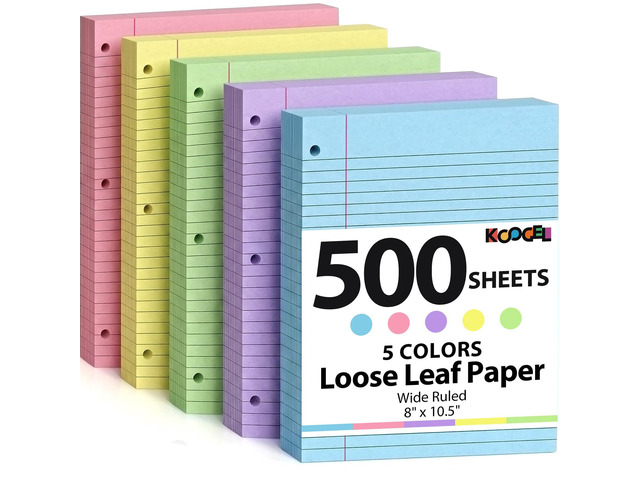 500 Sheets Colored Filler Paper, 5 Colors 8 x 10-1/2 Inch Wide Ruled 3-Hole Punched, Loose Leaf Notebook Paper for 3 Ring Binders, for Students &...