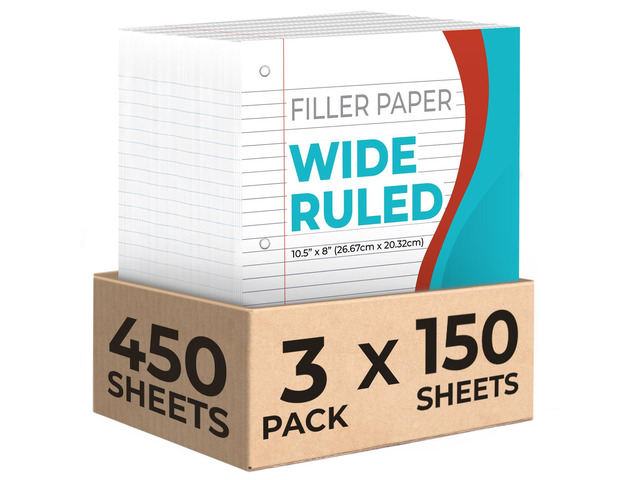 450 Sheets Loose Leaf Paper, 3 Pack, Wide Ruled Filler Paper Bulk Office Filler Paper, 8' x 10.5', 3 Hole Punched, 150 Sheets/Pack, Wide Ruled...