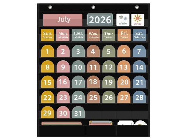 Large Boho Calendar Pocket Chart with 96 Cards for Classroom, Size:32.25 x 24.125 inch Black Monthly Calendar and Weather Pocket Chart for Student...