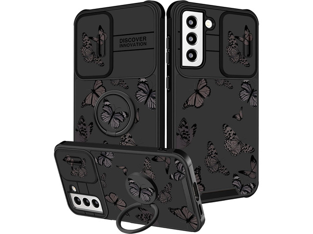 (2in1 for Samsung Galaxy S21 Case for Women Butterfly Cute Girls Phone Cover Girly Pretty Aesthetic Kawaii Black Butterfly Design with Camera Cover...
