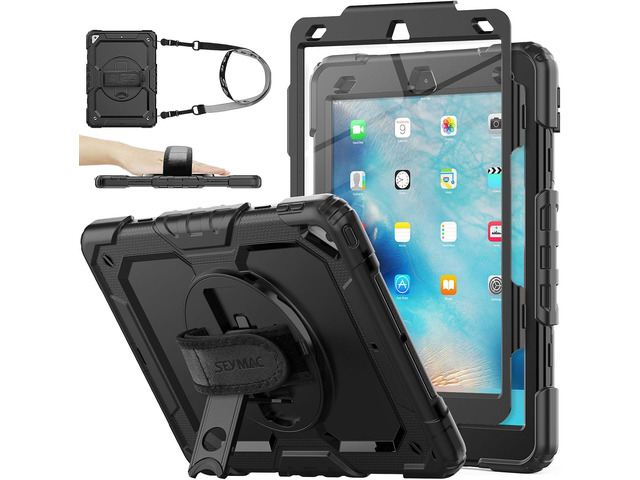 SEYMAC stock Case for iPad Air 3 2019 / Pro 10.5'' with Screen Protector Pen Holder [360Â° Rotate Hand Strap/Stand], Drop-Proof Case (Black)