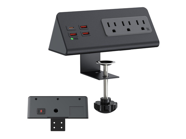 Desk Clamp Power Strip 3 AC 4 USB PD 20W USB-C for Nightstand & Office Tables Nightstand Charging Station,Tamper-ResistantSurge Protector6.6 FT...
