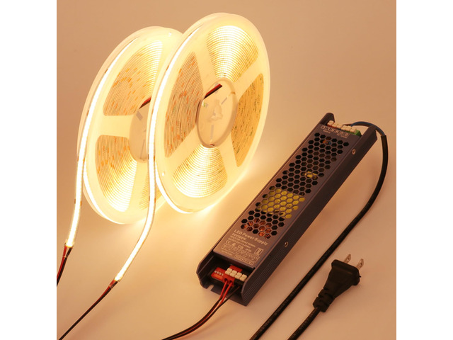 24V COB LED Strip Lights 65.6ft CRI 93 Cuttable with Power Supply 3000K Warm White LED Tape Light Adhesive 160W 312LEDs/m for Bedroom Kitchen...