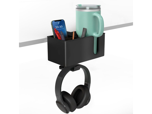 4-in-1 Desk Organizer- Large Desk Cup Holder Clamp with Headphone Stand, Pencil Holder and Phone Stand - Detachable, Rotating Hanger, Office & PC...