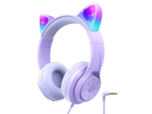 HS20 Kids Headphones for Toddler Girls, Cat Ear LED Light Up School SafeSound Tech, 3.5mm Wired Foldable FunShare, Stereo Sound, Over-Ear...