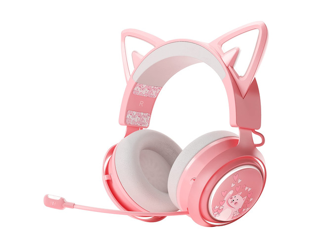 Wireless Cat Ear Headphones, Pink Gaming Headset Bluetooth 5.0 for Smartphone, Retractable Mic, 50mm Drivers, RGB Lighting Headset with Mic (USB...