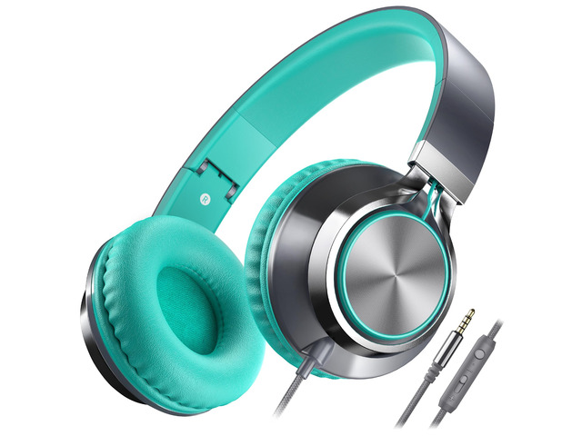 C8 Wired Headphones with Mic for Kids School,3.5mm Jack, Grey Mint On-Ear Noise Isolating Headphones with Volume Control, Foldable Corded Headset...