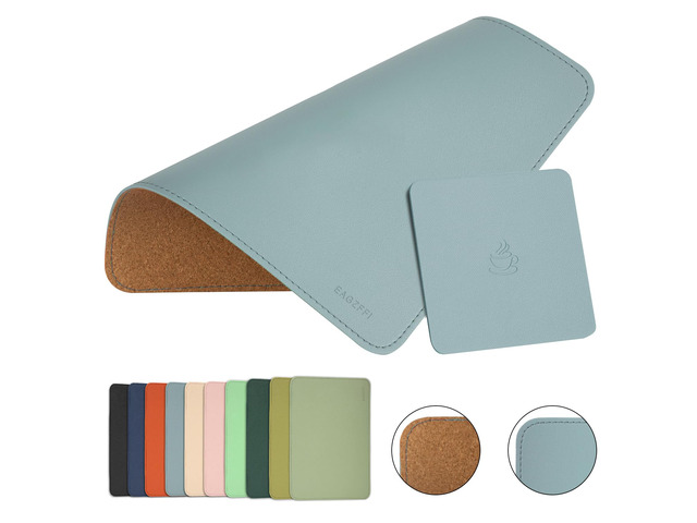 EAGZFFI Double-Sided PU Leather & Cork Mouse Pad with Coaster Reversible, Non-Slip, Stitched Edges for Office & Home, 8x11 Inches, (Sierra Blue)