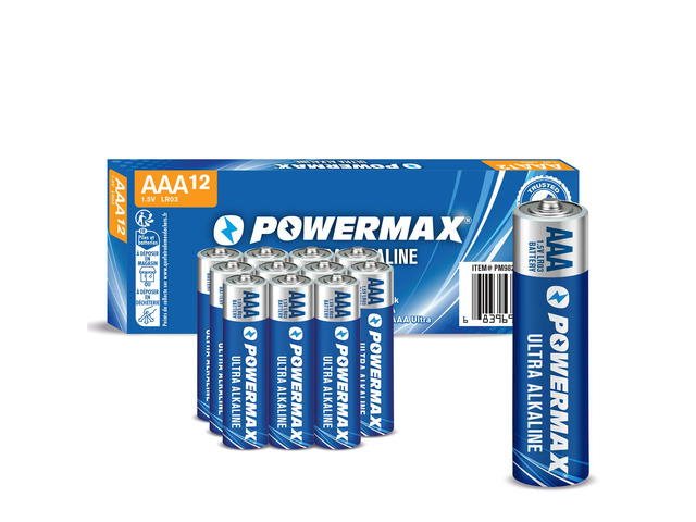 Powermax 12-Count Triple AAA Batteries, Ultra Long Lasting Alkaline Battery Blister Pack for Home and Office, 10-Year Shelf Life