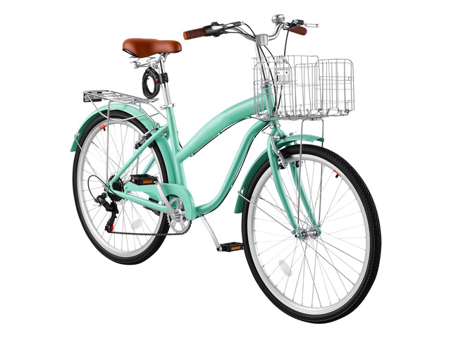 VEVOR Women Bike, 26 in Beach Cruiser Bike, 7-Speed Adult City Bicycle with Carbon Steel Frame, 330 lbs Capacity, Basket, Rear Rack & Dual...