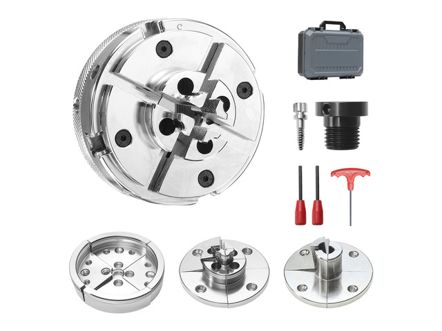 VEVOR 4 Inch Wood Lathe Chuck, 4-Jaw, Self-Centering Wood Turning Chuck Set with 1' x 8TPI Thread & Adapter, 4 PCS Round/Step/Pin Jaws, Case,...