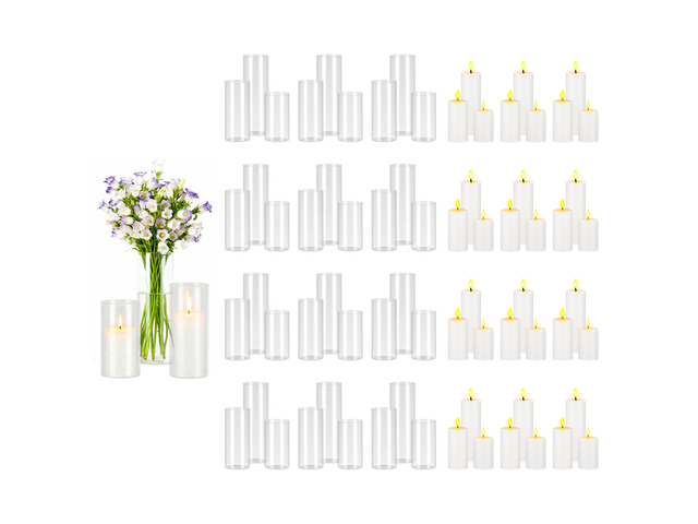 VEVOR Pillar Candles and Glass Vases Set 72 Pcs, Clear Cylinder Hurricane Candle Holders for Wedding Centerpieces, Tall Vase for Table Decor,...