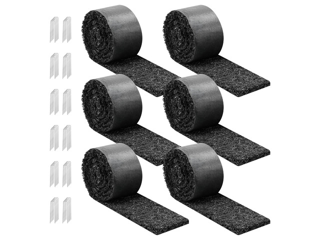 VEVOR Rubber Mulch Mat Roll, 6 Rolls 120 x 4.5 in, Recycled Rubber Permanent Mulch Edging Border, Natural-Looking Flower Barrier with Stakes, 0.5...