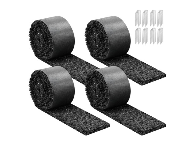 VEVOR Rubber Mulch Mat Roll, 4 Rolls 120 x 4.5 in, Recycled Rubber Permanent Mulch Edging Border, Natural-Looking Flower Barrier with Stakes, 0.5...