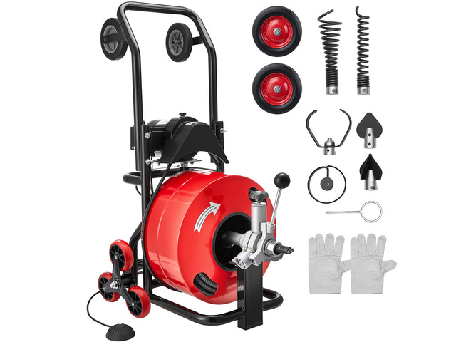 VEVOR Drain Cleaner Machine 100 FT x 3/4 Inch, Auto Feed Sewer Snake Auger, Portable Drain Cleaning Machine with Multi-Wheel Combination, 6 Cutters...