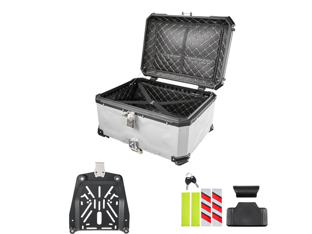 VEVOR Motorcycle Top Case, 65L Universal Aluminum Hard Motorcycle Tail Case, Waterproof Detachable Motorbike Top Box with Security Lock & Leather...