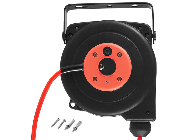 VEVOR Retractable Extension Cord Reel 25FT Heavy Duty 14AWG/3C SJTOW Red, for Ceiling/Wall Mount, 13A Circuit Breaker, Automatic Retractable Power...