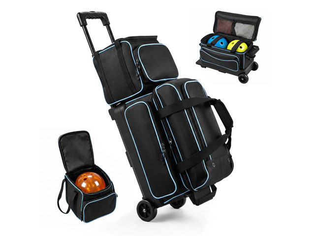VEVOR 3 Ball Bowling Bag Double Roller Bag with Separate Shoe Compartment, for Bowling Shoes (Up To US Men Size 16), Rolling Ball Bag w/ Wheel,...