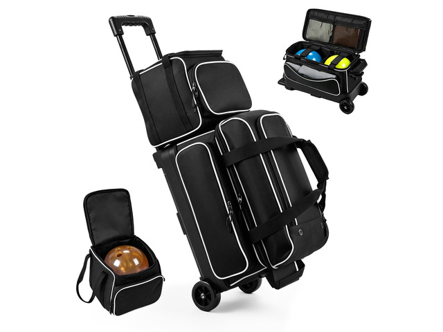 VEVOR 3 Ball Bowling Bag Double Roller Bag with Separate Shoe Compartment, for Bowling Shoes (Up To US Men Size 16), Rolling Ball Bag w/ Wheel,...