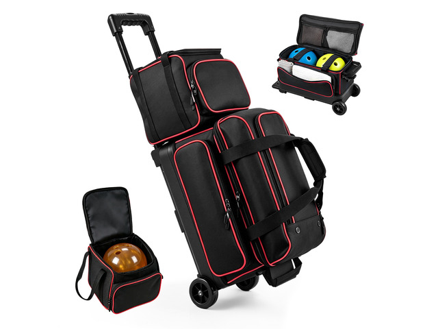 VEVOR 3 Ball Bowling Bag Double Roller Bag with Separate Shoe Compartment, for Bowling Shoes (Up To US Men Size 16), Rolling Ball Bag w/ Wheel,...