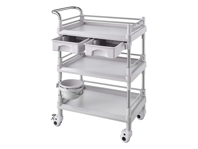 VEVOR Medical Cart Three-Tier Medical Trolley Cart with 2 Drawers 110.23lbs, for Clinic, Hospital, Beauty Salon, Lab, with a Waste Tray, Stable...