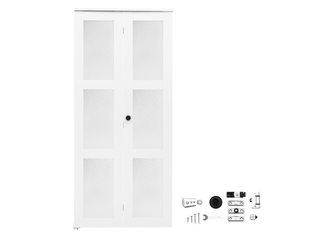 VEVOR Bifold Closet Doors 2-Panel, 36' (Double 18') x 80', 3-Lite Frosted Glass Bifold Barn Door with Metal Hardware Kit & Sturdy Composite Frame,...