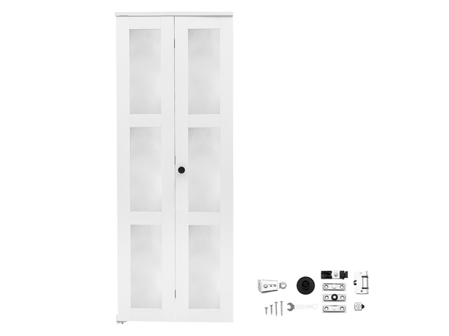 VEVOR Bifold Closet Doors 2-Panel, 30' (Double 15') x 80', 3-Lite Frosted Glass Bifold Barn Door with Metal Hardware Kit & Sturdy Composite Frame,...