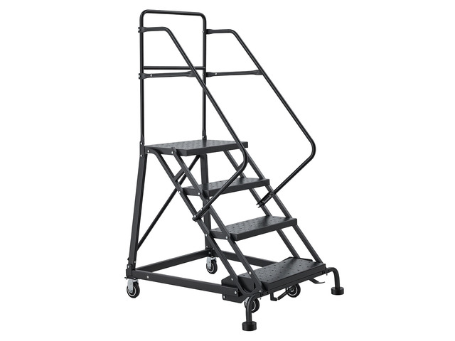 VEVOR 4-Step Rolling Warehouse Ladder, Industrial Alloy Steel Mobile Step Stair, with Handrails, Non-Slip Perforated Steps & Self-Locking Wheels,...