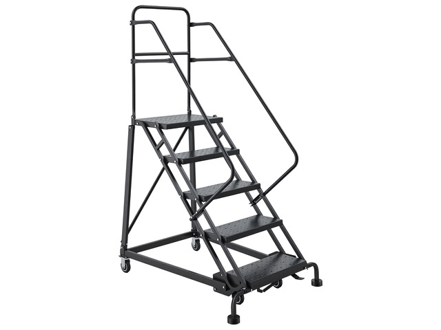 VEVOR 5-Step Rolling Warehouse Ladder, Industrial Alloy Steel Mobile Step Stair, with Handrails, Non-Slip Perforated Steps & Self-Locking Wheels,...