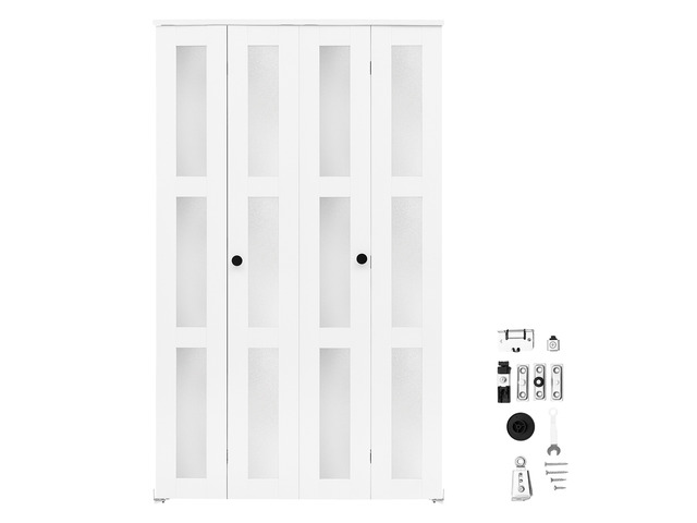 VEVOR Bifold Closet Door 4-Panel, 48' (Four 12') x 80', 3-Lite Frosted Glass Bifold Barn Door with Metal Hardware Kit & Sturdy Composite Frame,...