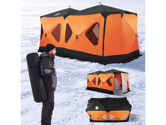VEVOR Pop Up Ice Fishing Tent 8-10 Person 162x91x91 in Insulated Shelter, for Winter Fishing, 115 sq ft Area, 600D 4-Layer Fabric, Portable...