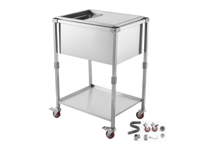 VEVOR Rolling Ice Chest Cooler Cart Stainless Steel Cooling Bin 44.8 Quart, Outdoor Stand Up Cooler Trolley with Wheels, Sliding Lid, Shelf, for...