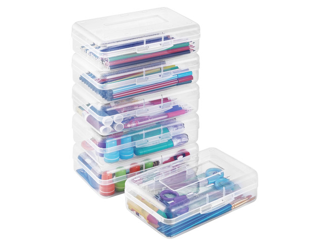 Plastic Pencil Case Box 6 Pack, Large Crayon Maker Pen Organizer Plastic Containers with Snap Lids, Stackable Craft Storage Boxes Bulk, School...