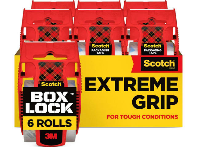 Box Lock Packing Tape, Clear, 1.88 in. x 22.2 yd., 6 Rolls Extreme Grip Box Packaging Tape for Shipping and Mailing, with Dispensers