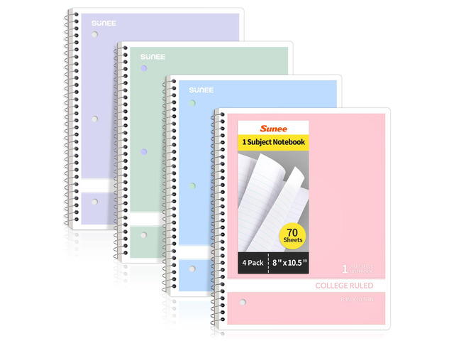 Spiral Notebooks College Ruled, 1-Subject, 4 Pack, 8 x 10-1/2 in, 70 Sheets, 3-Hole Punched 70gsm Paper, Pastel Pink, Purple, Blue, Green for...