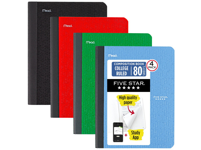 Five Star Composition Book + Study App, 4 Pack, College Ruled Paper, 7-1/2' x 9-3/4', 80 Sheets, Forest Green, Pacific Blue, Fire Red and Black...