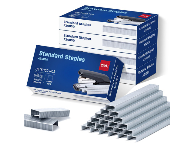 Staples, 25000 Staples, 1/4'' Length, 210/Strip, 5 Boxes of 5000 Each Standard Staple for Desktop Staplers