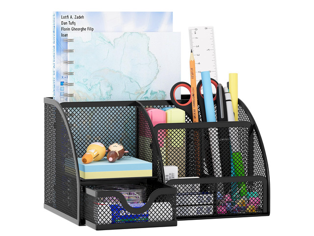 Mesh Desk Organizer with Drawer Multi-functional Pen Holder Stationery Organizer for Office School Supplies 6 Compartments Dorm Organizers and...