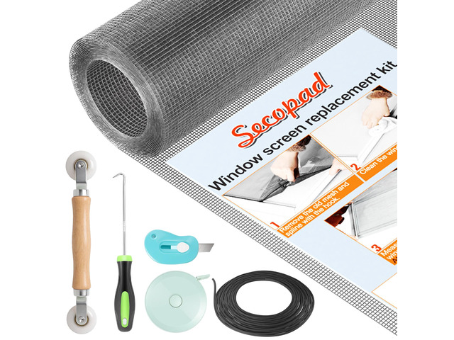 Window Screen & Screen Door Mesh Repair Kit, Grey Fiberglass Roll with Tools, Tearproof & Washable, High-Transmittance, For Windows, Patio & Porch...